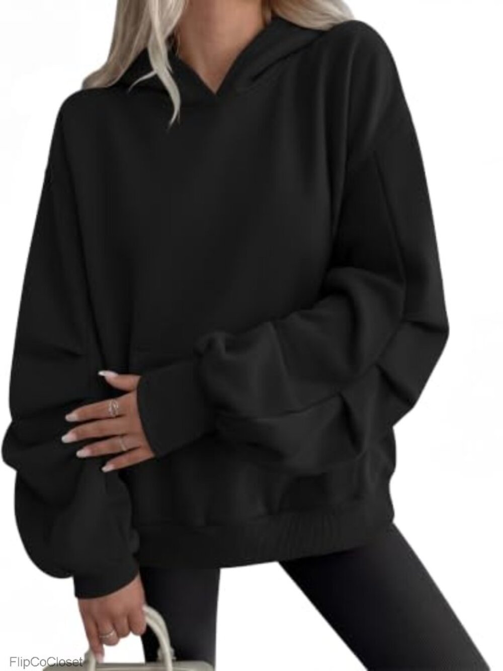 Oversized Fleece Hoodie Ruched Sleeve Kangaroo Pocket Womens Sweatshirt